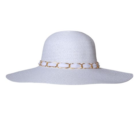 KAPELUSZ SŁOMKOWY DAMSKI Letni Biały Łańcuszek Duże Rondo Biała Kokarda
