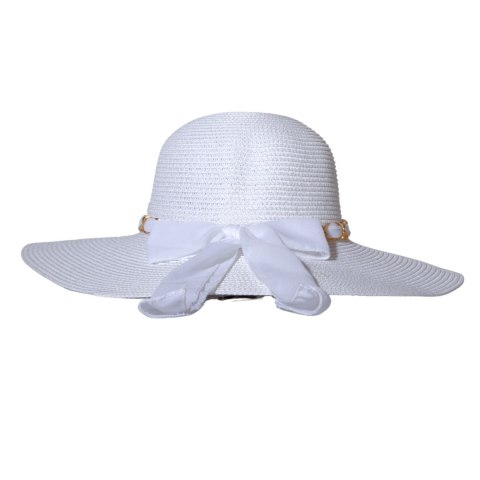 KAPELUSZ SŁOMKOWY DAMSKI Letni Biały Łańcuszek Duże Rondo Biała Kokarda