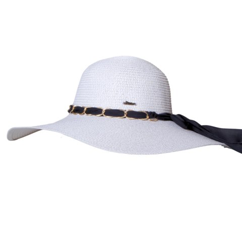 KAPELUSZ SŁOMKOWY DAMSKI Letni Biały Łańcuszek Duże Rondo Granatowa Kokarda