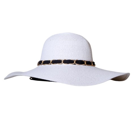 KAPELUSZ SŁOMKOWY DAMSKI Letni Biały Łańcuszek Duże Rondo Granatowa Kokarda