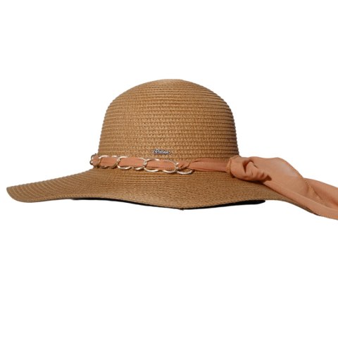 KAPELUSZ SŁOMKOWY DAMSKI Letni Brązowy Łańcuszek Duże Rondo Kokarda