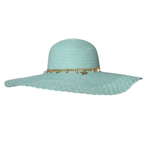 KAPELUSZ SŁOMKOWY DAMSKI Letni Miętowy Łańcuszek Duże Rondo HANDMADE