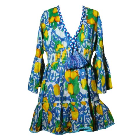 SUKIENKA LETNIA BOHO w CYTRYNY 100% Bawełna Wzór 2 Włochy