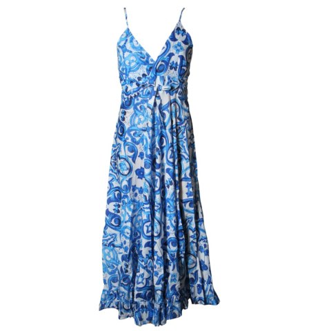 SUKIENKA MAXI LETNIA Ramiączka 100% Bawełna Biało-Niebieska Włochy