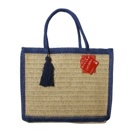 TORBA TOREBKA DAMSKA SŁOMKOWA Plażowa Beżowo-Granatowa 41x32cm Włochy