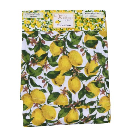 OBRUS OKRĄGŁY NA STÓŁ Dekoracyjny Biały 160cm Cytryny Włochy