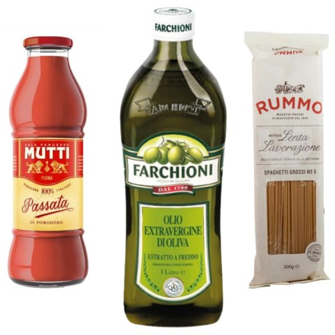 Zestaw MAKARON SPAGHETTI 500g + PASSATA POMIDOROWA MUTTI + OLIWA FARCHONI