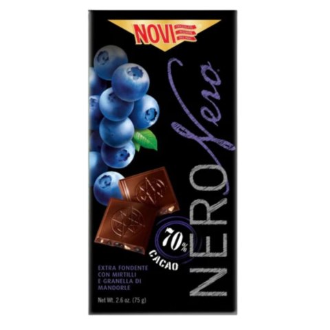 NOVI Czekolada Gorzka 70% Kakao z Kawałkami Borówki i Migdałów 75g